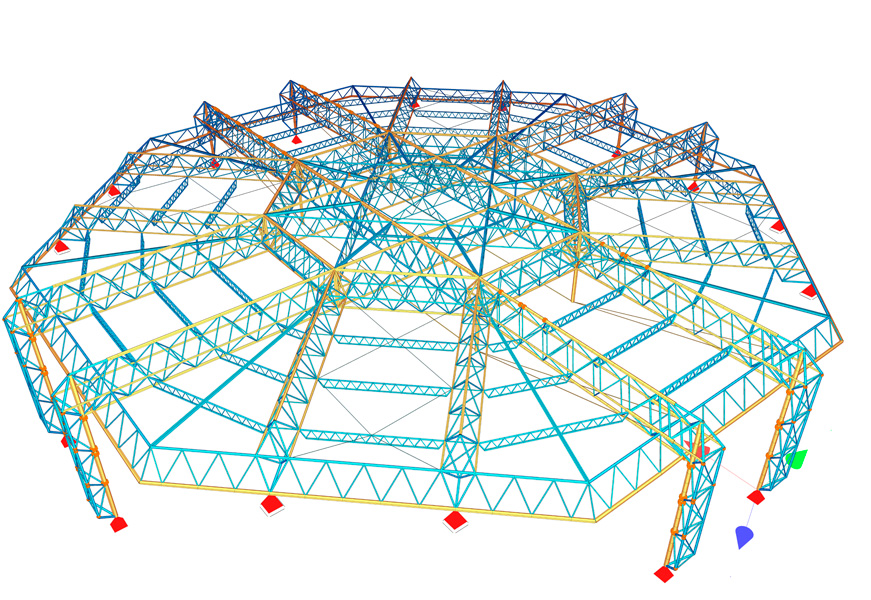 Räumliches Finite-Elemente-Modell der Dachkonstruktion – Unisporthalle Wuppertal